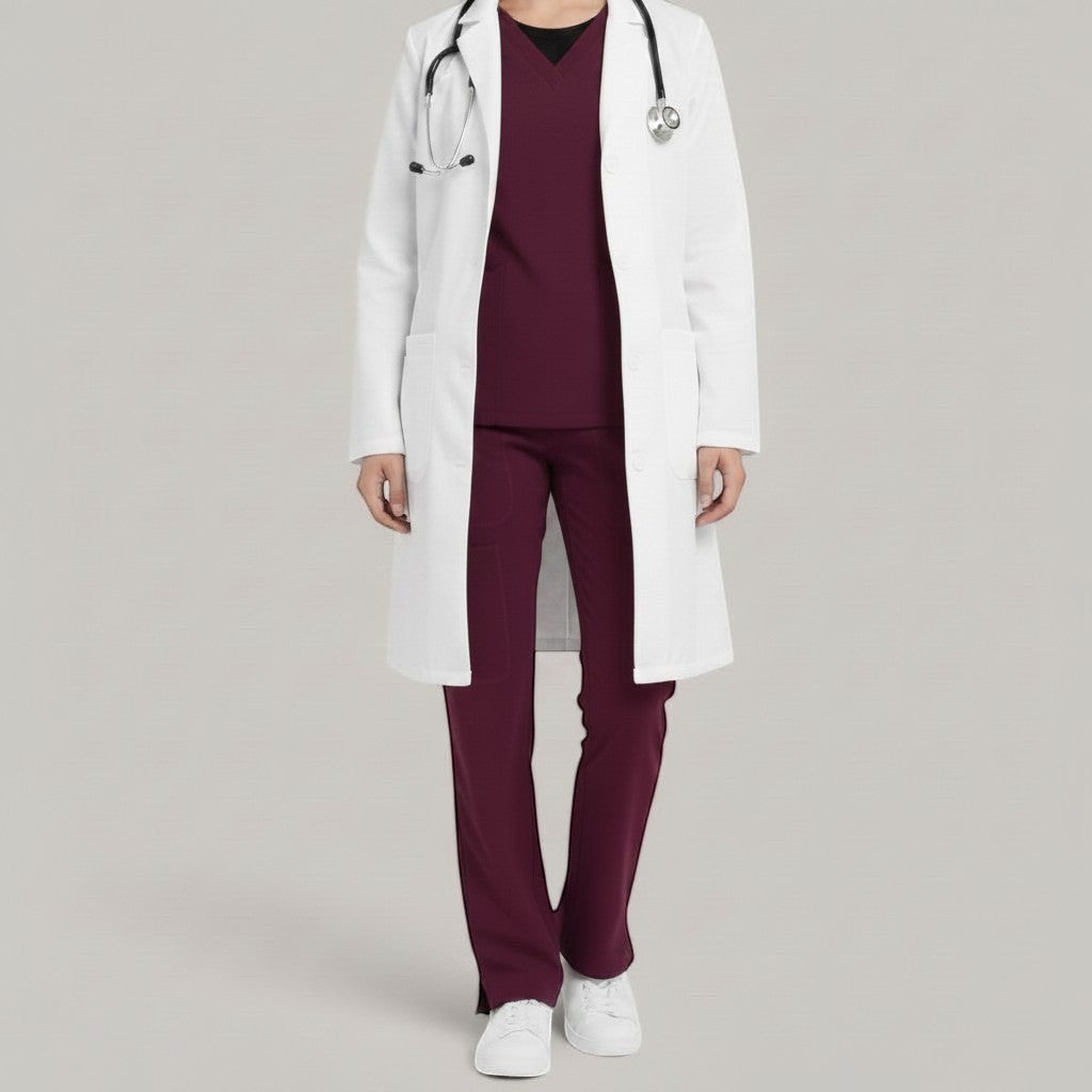 Élaura Faye cargo pants in burgundy worn with a matching scrub top, white lab coat, and white sneakers