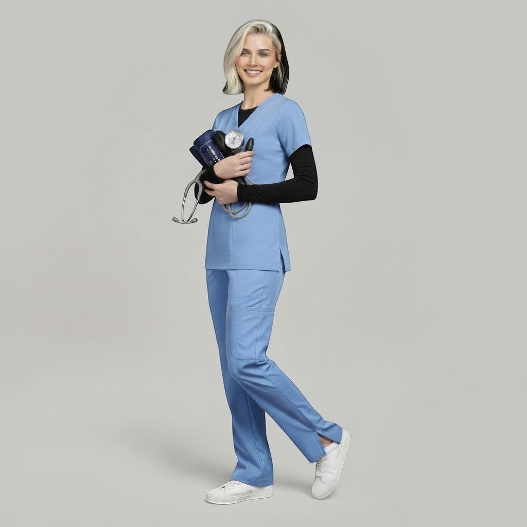 Élaura Faye cargo pants in light blue worn by a smiling healthcare professional with a stethoscope and blood pressure cuff