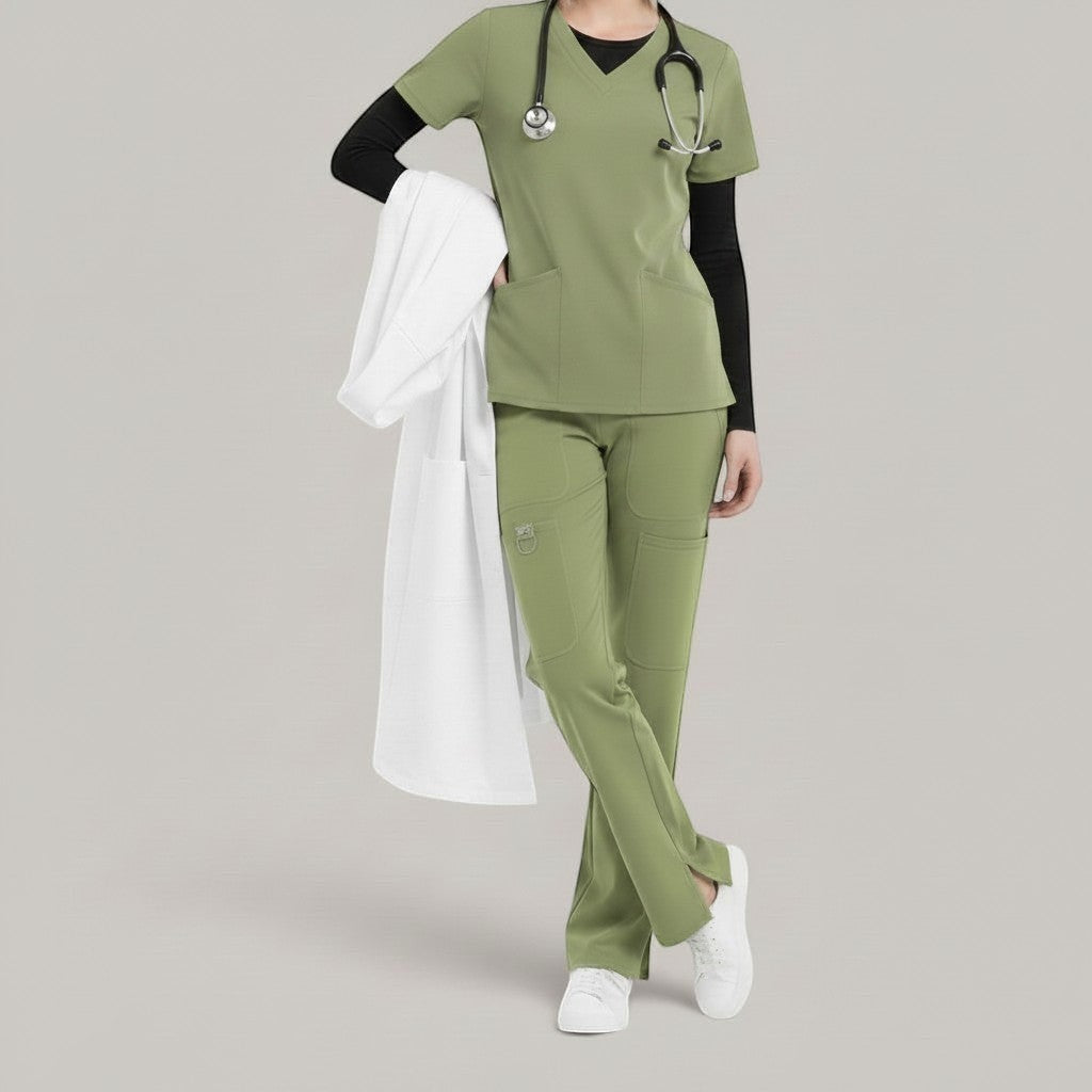 Élaura Faye cargo scrub pants in olive green worn with a matching V-neck top, black long-sleeve shirt, and lab coat.